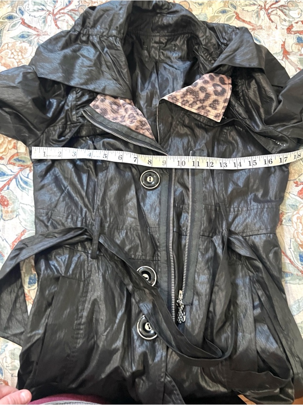 Black Belted Trench Coat Lined Collar Coat Dress Zip Button State Jacket Size S - Picture 7 of 10